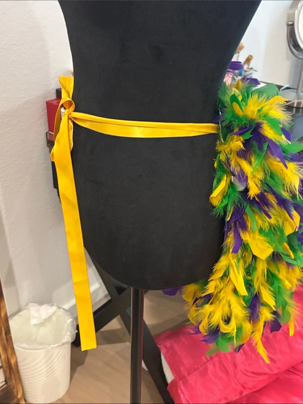 Custom feather bustle - Green, Yellow & Purple